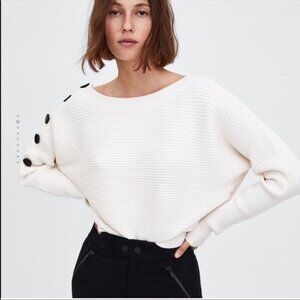 Zara Knit Women's White Button-Shoulder Ribbed Sweater Size very warm and thick
